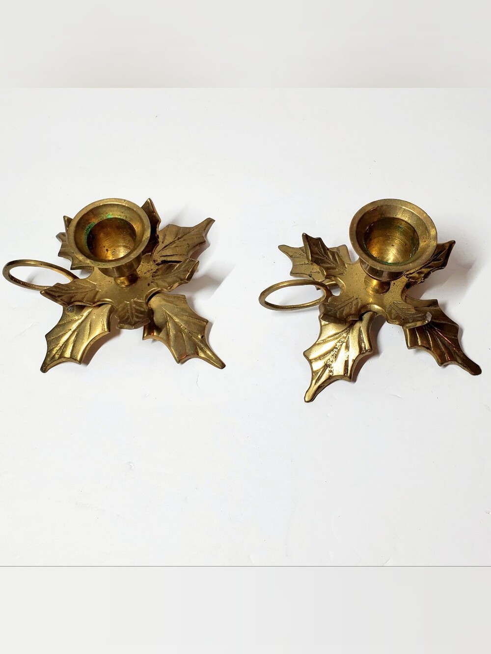 Vintage Solid Brass Chamberstick Candlestick Holly Leaf Holders With Finger Loop